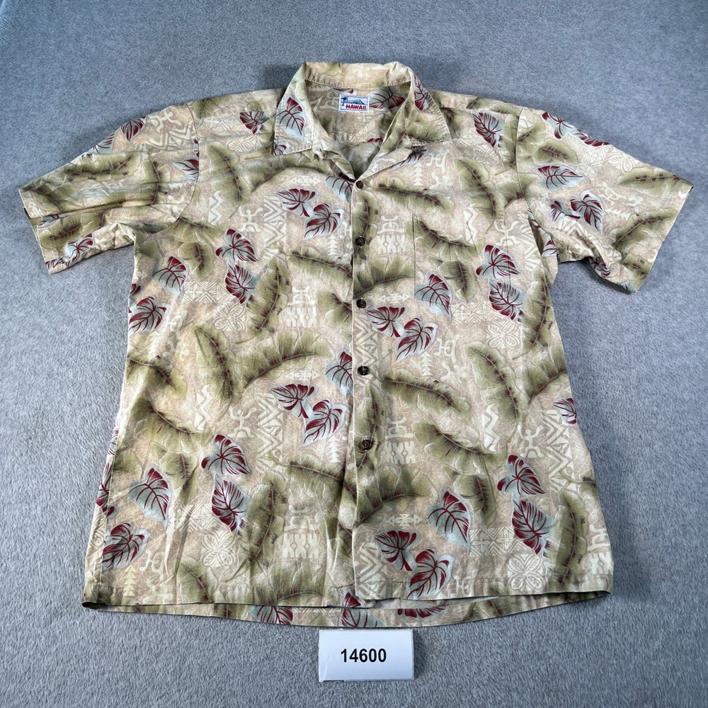 Vintage Hawaii Shirt Mens XL Tan Tropical Leaf Tribal Print Button Up Excellent